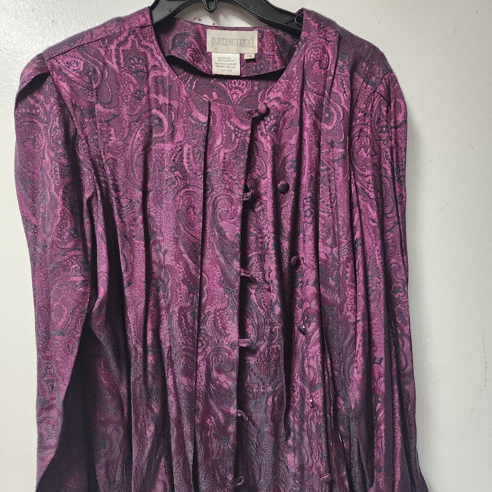 Vintage Justine Todd Purple Black Jacquard 14 Long Sleeve Rayon blend Blouse
